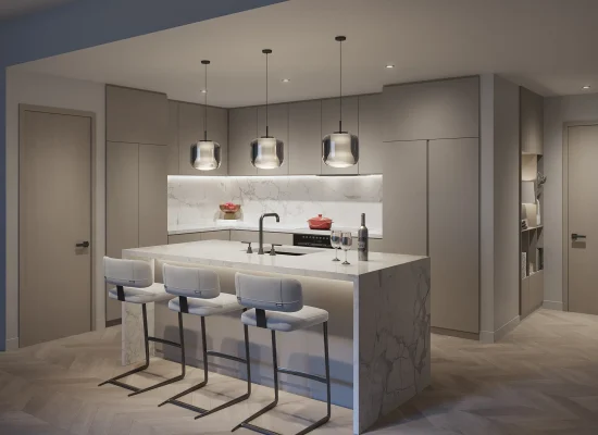 Modern luxury kitchen in downtown Tampa condominium featuring marble countertops, stylish pendant lights, and high-end appliances, ideal for upscale living.